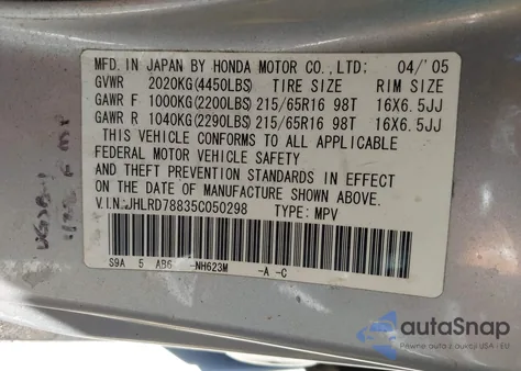 2005 Honda Cr-V Ex из США, поврежденный, VIN JHLRD78835C050298